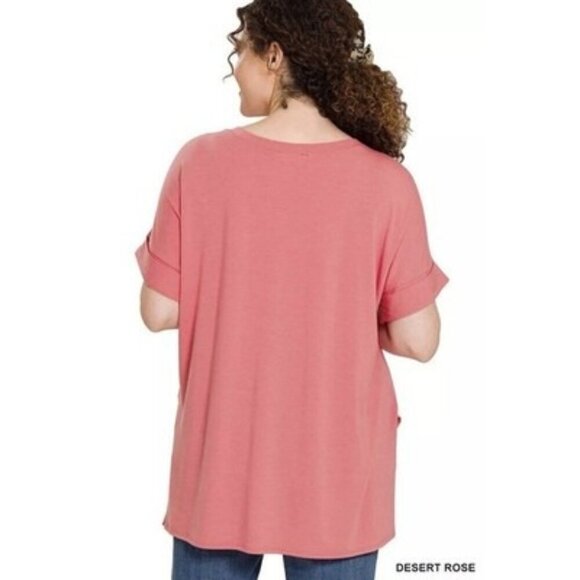 Zenana Desert Rose V Neck Rolled Short Sleeve Top Loose Fit T Shirt Plus Size 2X - Picture 3 of 4
